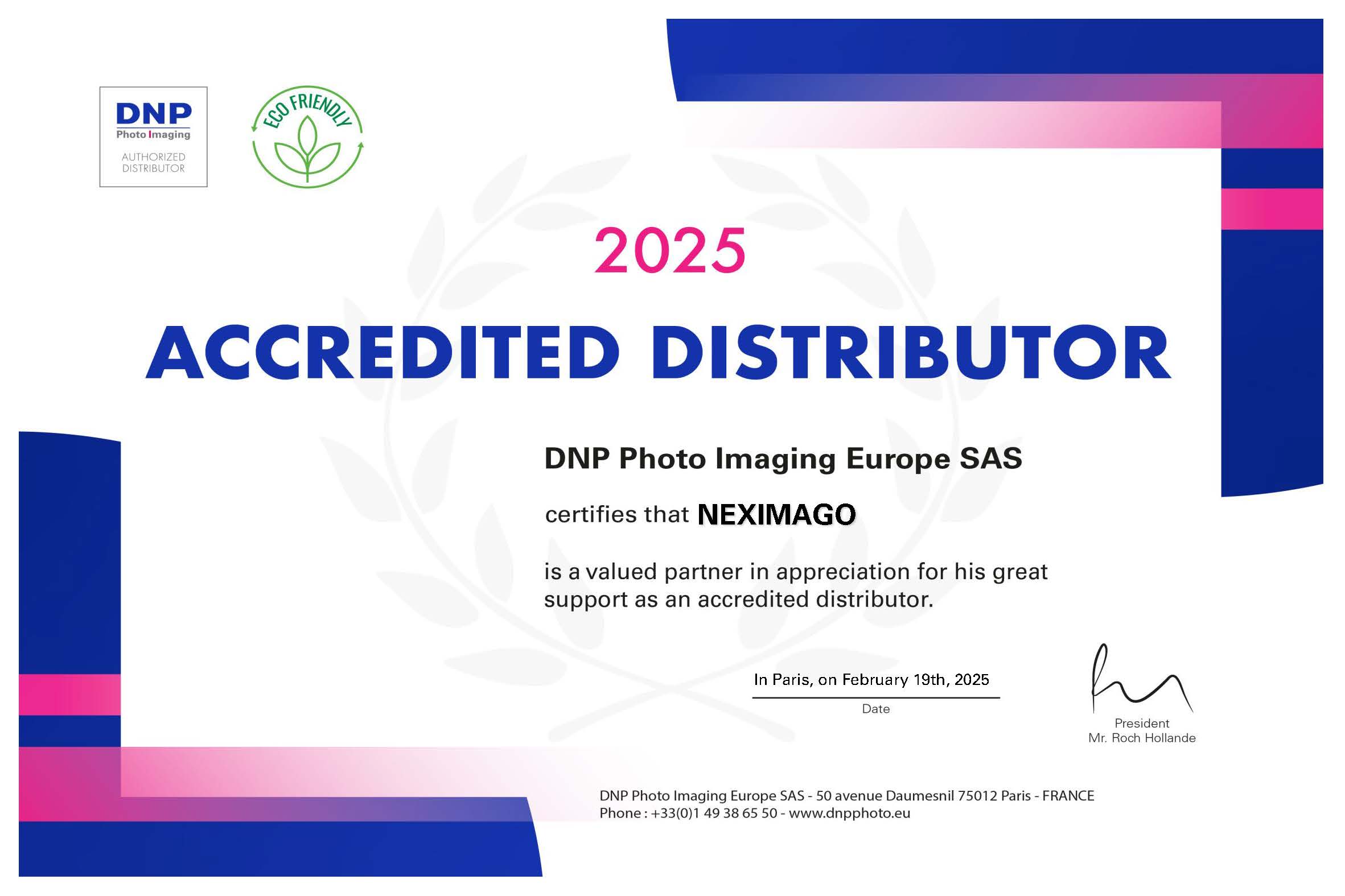 NEXIMAGO-DNP PIE ACCREDITED DISTRIBUTOR CERTIFICATE 2025